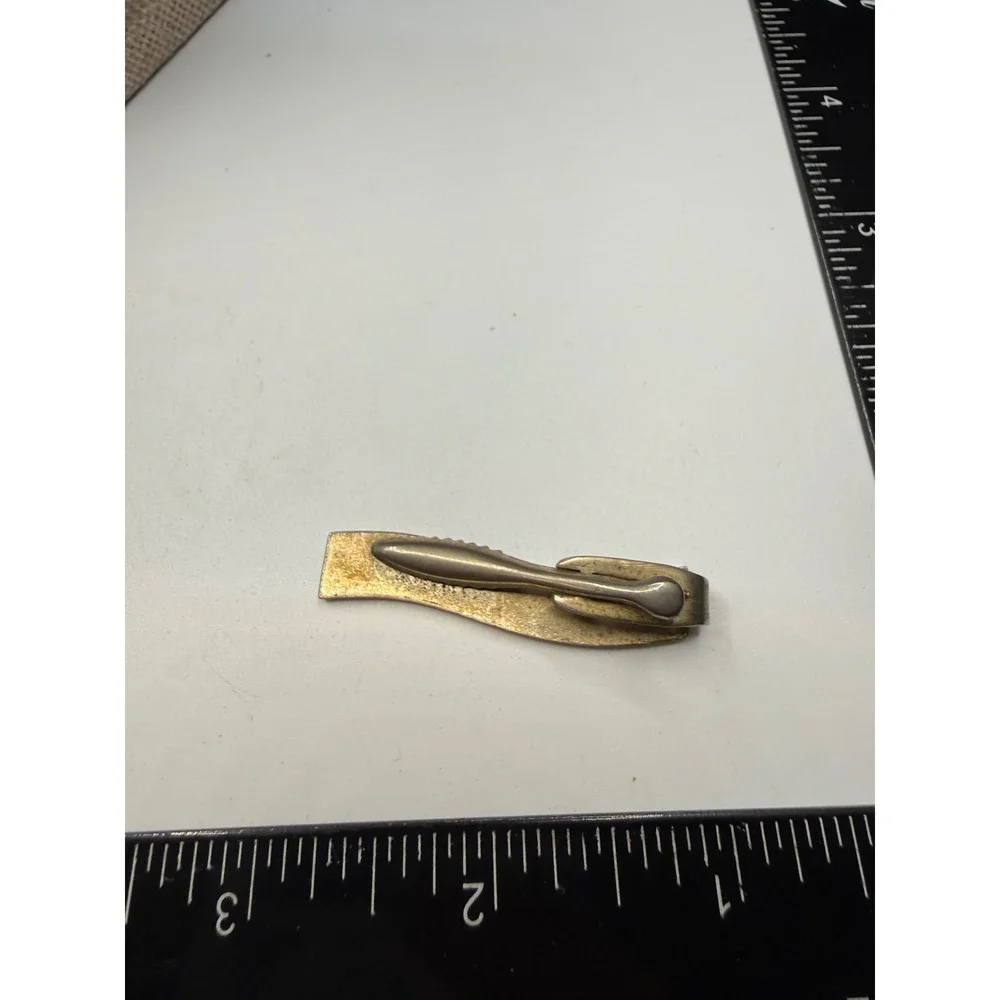 Vintage Silver Tone Wavy Tie Clip Etched Floral Gold Accents Mid‎ Century Modern
